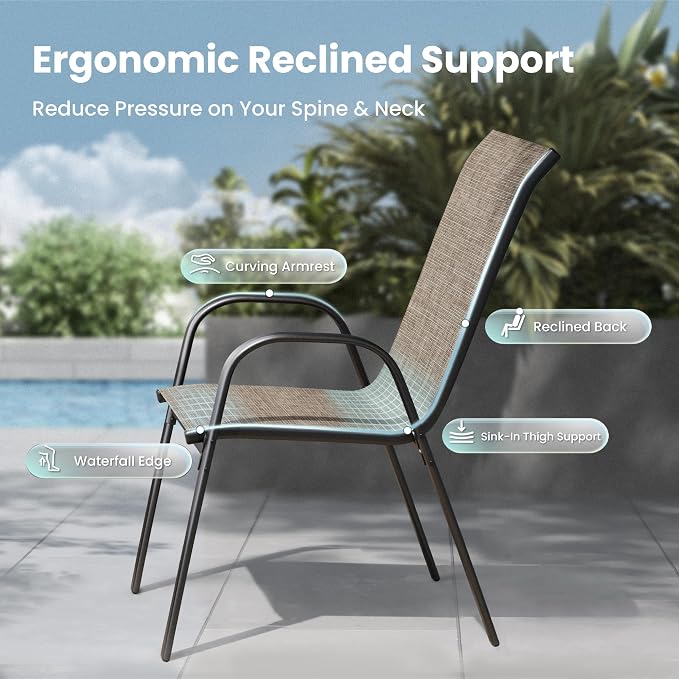 PHI VILLA 9 Piece Patio Table and Chairs Set for 8 Person, Large Metal Slat Rectangle Table and Stackable Patio Chairs with Textilene Mesh Fabric, All Weather Patio Furniture Set for Deck Lawn Garden