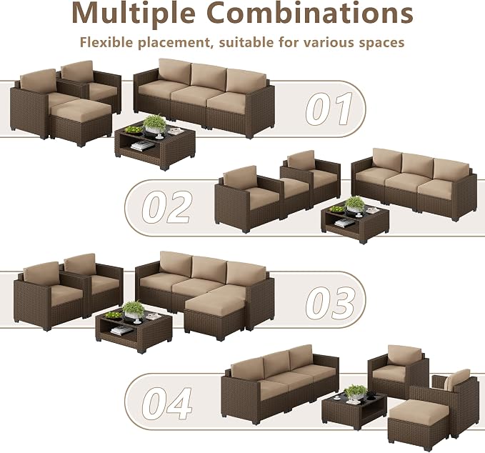LOUVIXA 7 Piece Outdoor Patio Furniture Set, Rattan Chairs Glass Table Wicker Conversation Seating Sectional Sofa with Cushions (Brown-Camel, 7Pcs-2 Layer Coffee Table)