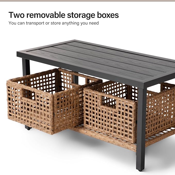 LAUSAINT HOME 6-Piece Patio Conversation Set, Luxury Oversize Patio Furniture Set with Soft Cushions and Storage Metal Coffee Table, Outdoor Furniture Sets for Backyard, Porch (with 2 Wicker Baskets)
