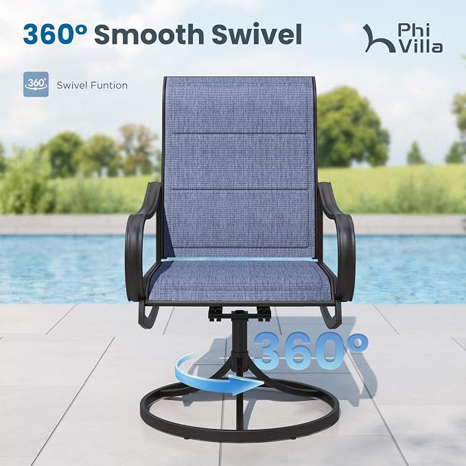 PHI VILLA 8 Piece Patio Dining Set with 13ft Patio Umbrella (Navy Blue), 6 Outdoor Padded Swivel Dining Chairs & 1 Large Metal Dining Table for Lawn Garden Backyard (No Umbrella Base)