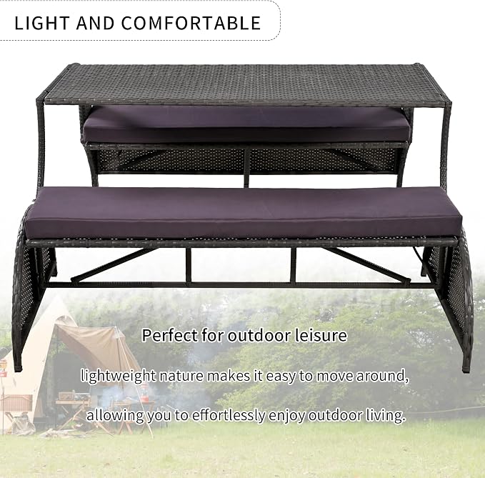 Convertible Bench Table Outdoor, 57.1" 2-in-1 Outdoor Loveseat Transforms to 4-Seat Folding Picnic Table, HDPE Wicker Iron Frame Portable Patio Furniture for Garden Backyard Lawn, Gray