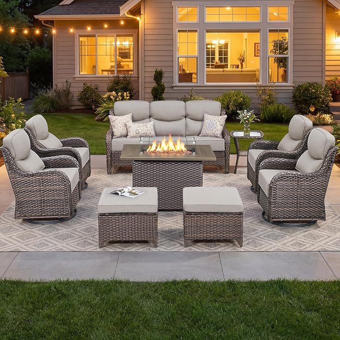 Luxury Patio Furniture Set with 6-inch Thick Cushion, Outdoor Furniture with Fire Pit Table, Swivel Chairs, Sofa, Side Table, Ottomans, 9pcs Wicker Conversation Set(Brown Wicker | Beige Cushion)