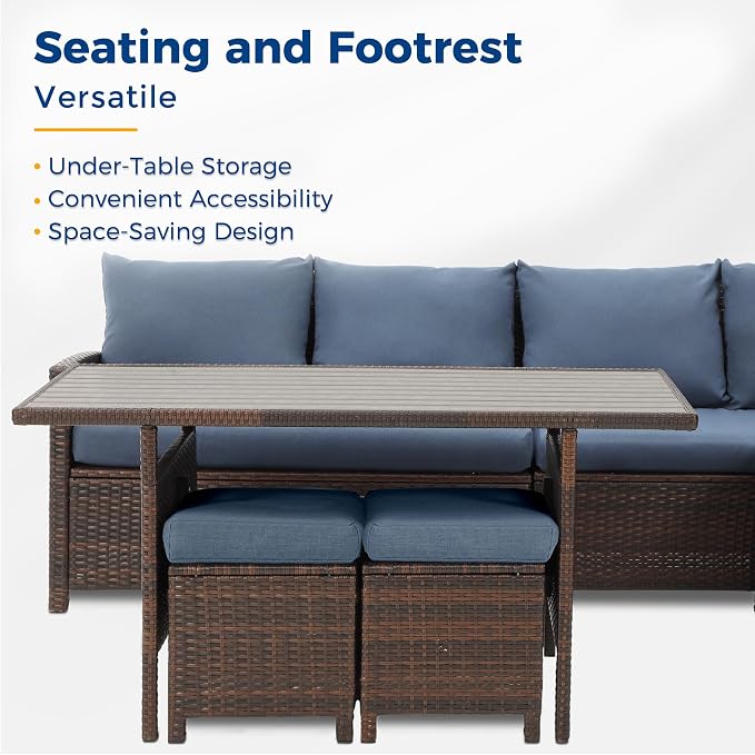 Wisteria Lane 7 Pieces Patio Furniture Set Outdoor Furniture Sectional, High Back Outdoor Patio Dining Table Set, Wicker Patio Conversation Set with Cushions for Balcony Lawn and Garden, Blue