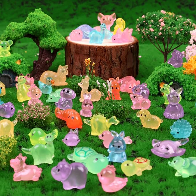 150PCS Luminous Mini Resin Animals 30+ Types Variety Glow in The Dark Tiny Animals Figures Bulk for Dollhouse, Fairy Garden,Micro Landscape Aquarium, Party Decoration DIY Crafts