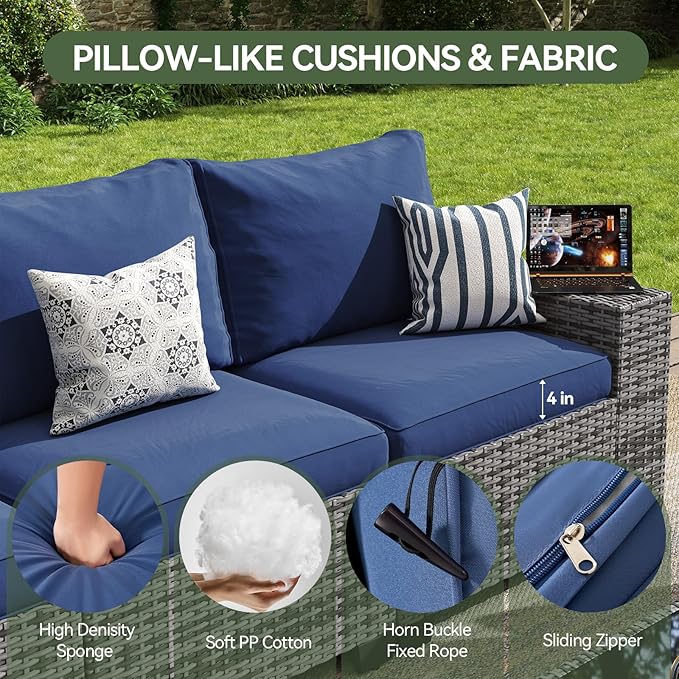 Aoxun Patio Furniture Set, 9 Pcs Outdoor Patio Furniture Sets with 4 in Thicken Cushion, Widen Armrests Wicker Outdoor Sectional for Backyard & Garden, Navy Blue