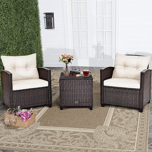 RELAX4LIFE 3 Piece Patio Furniture Set, Wicker Bistro Conversation Set w/ 2 Cushioned Armchairs & Glass Topped Table, Outdoor Rattan Sofa for Porch Balcony Poolside (White)