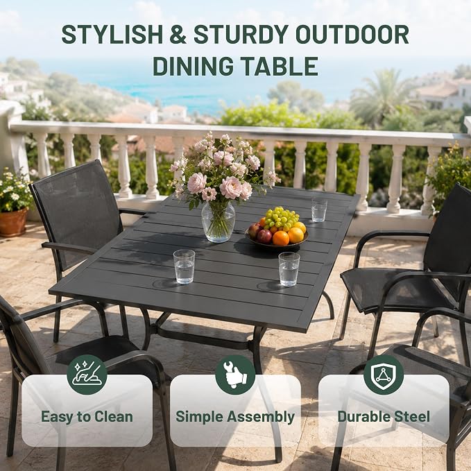 Anmutig Patio Dining Table for 6 Person, Outdoor Metal 63x38 Inch Rectangle Table with 1.57" Umbrella Hole for Garden Lawn Backyard Poolside Parties, Black