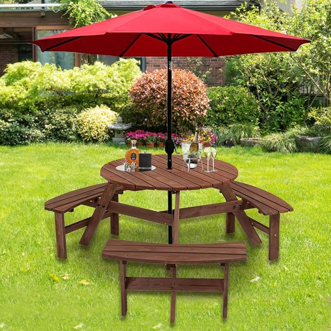 6 Person Picnic Table Round Outdoor Dining Table with Umbrella Hole,3 Built-in Benches,Wooden Outside Picnic Tables and Bench Set for Garden,Patio, Backyard,1720LBS Total Capacity,Walnut Brown