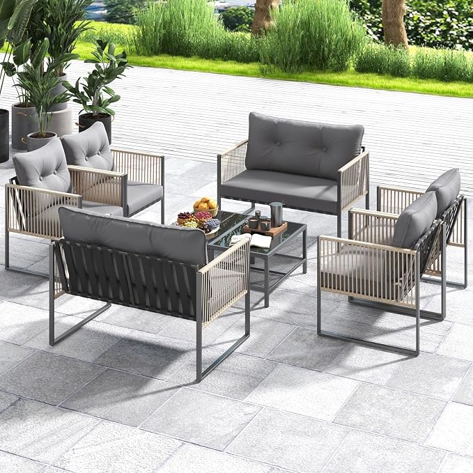 Tangkula 8 Pieces Patio Furniture Set, Outdoor PE Rattan Conversation Sofa Set with Thick Cushions and 2-Tier Tempered Glass Coffee Table for Garden, Porch, Balcony and Backyard