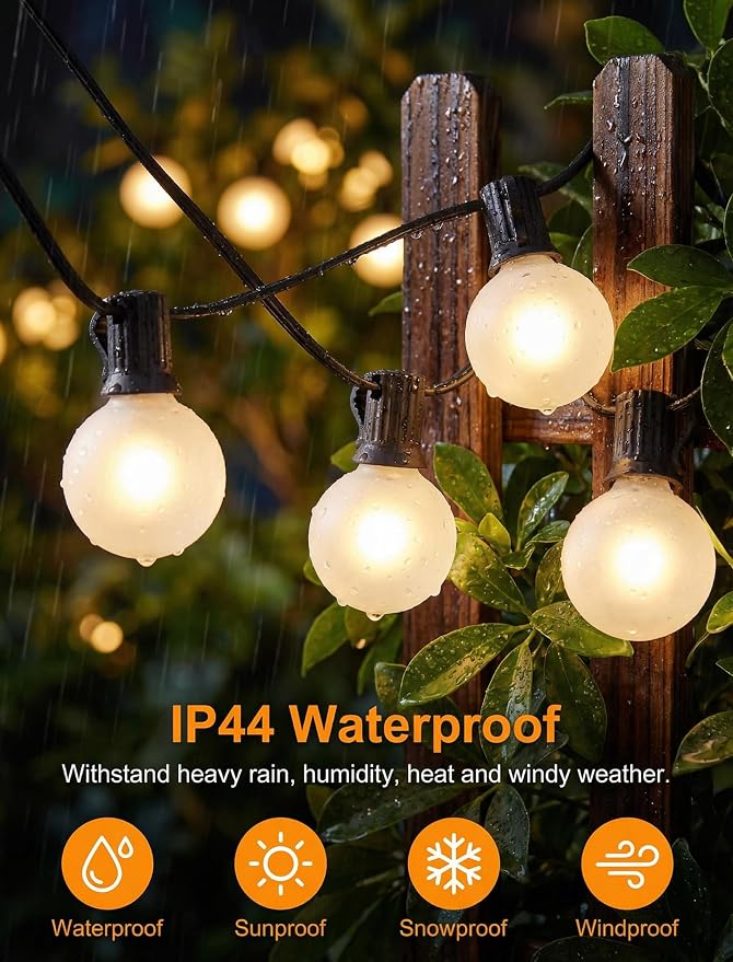 G40 Outdoor Frosted String Lights, 25FT, 25-Light, Black Wire | Soft Frosted Glow, IP44 Weatherproof, 5W Glass Incandescent Bulbs, E12 Bases, 2 Spares, End-To-End Connectable, for Bistro