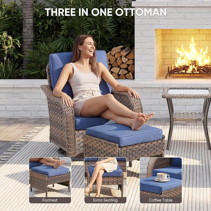 Patio Furniture Set - 5 Pieces All Weather Wicker Outdoor Couch Sofa 2 Swivel Chairs and 2 Ottomans, Ergonomic Design for Porch, Deck, Balcony, Garden, and Backyard(Blue)