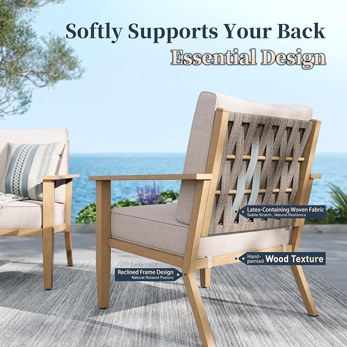 SUNSHINE VALLEY Patio Conversation Set,5 Pcs Metal Outdoor Furniture with 3-Seater Sofa,2 Single Chairs,Metal Nested Table and 5.75" Extra Thick Cushion for Lawn Garden Backyard,Beige