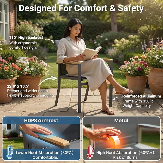Aluminum Patio Chairs Set of 4 for All-Weather, Outdoor Patio Chairs with Breathable Quick-Drying Textilene, Outdoor Chair with 110° Ergonomic High Backrest for Porch, Patio, Garden, Deck, Backyard