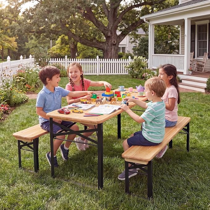 Costzon Kids Picnic Table, 43.5 Inch Folding Picnic Table with 2 Benches, Fir Wood Top & Metal Frame, No Assembly 3-Piece Portable Kids Indoor/Outdoor Furniture for Patio Backyard Daycare (Black)
