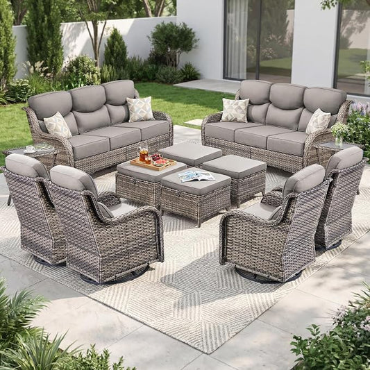 Luxury Swivel Rocker Chair Sofa Set with 6" Thick Cushions,12-Piece Wicker Patio Furniture Set with Ottoman,Outdoor Comfortable High Back Chair Patio Furniture Set - Gery | Gery