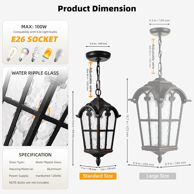 VIANIS Vintage ORB Pendant Light Fixtures with Gold Trim, 1 Pack Porch Lights Outdoor with Adjustable Chain, Outdoor Chandelier for Porch, Aluminum Waterproof Hanging Exterior Lighting for Front Patio