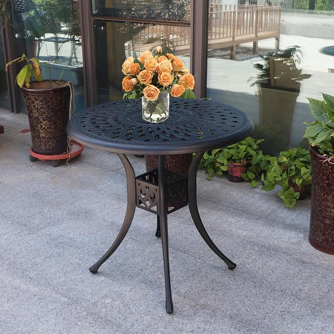 30 inches Patio Table with Umbrella Hole, Round Outdoor Table, Cast Aluminum Bistro Table, Metal Side Table for Porch Backyard, Black