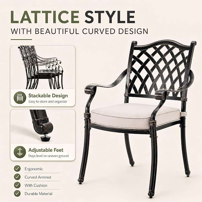 7 Piece Outdoor Dining Set Cast Aluminum, Retro Patio Dining Furniture Set for 6 Includes 54’’ Round Table 6 Chairs with Thicker Cushion and Umbrella Hole for Patio Deck Garden