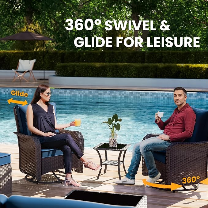 10 Pieces Outdoor Patio Furniture Set,Outdoor Sectional Furniture All Weather PE Rattan Wicker Patio Conversation Set with Coffee Table,Swivel Rocking Chairs Set,Navy Blue