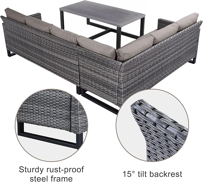 Belord Outdoor Sectional Sofa 6 Seater L Shaped Couch Wicker Patio Conversation Furniture Set with Tree-Grain Finish Metal Dining Table, Rattan Outdoor Furniture with Removable Washable Cushion Blue