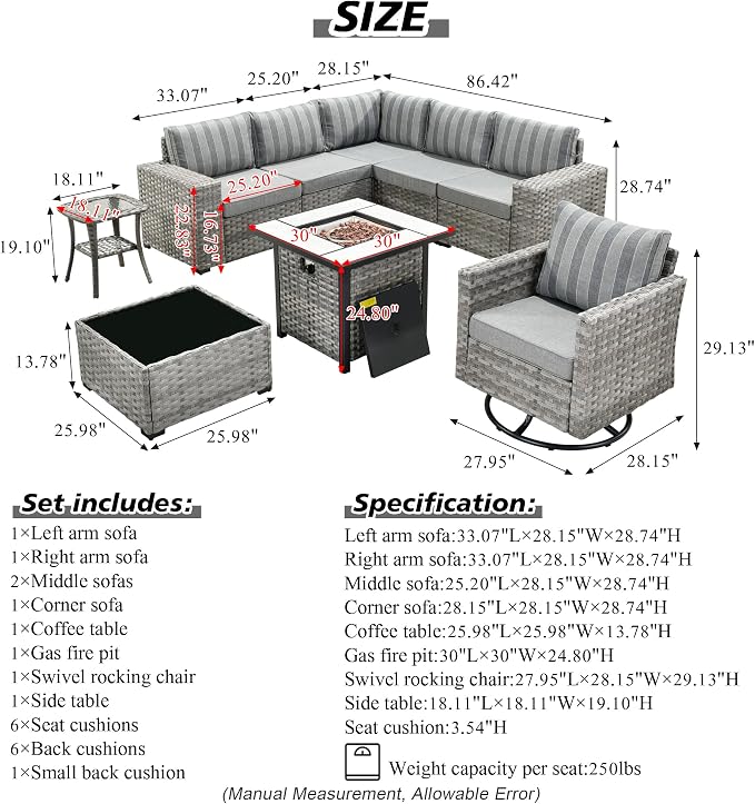 HOOOWOOO Outdoor Patio Sectional Furniture Sofa Set with Propane Gas Fire Pit Table,9 Piece Modern Wicker Couch with Swivel Chair,Modular L Shaped Conversation Seating Set with Wide Arm(Grey Strips)