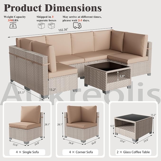 10 Pieces Patio Furniture Set, Outdoor Sectional Wicker Sofa with Thick Cushions and Storage Coffee Table, Rattan Patio Conversation Sets for Deck Yard Poolside, Khaki