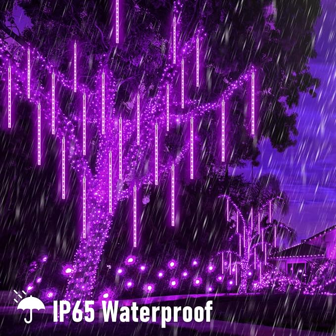 JMEXSUSS 2 Pack Purple Solar Halloween Lights, 16 Tube 288 LED | Solar Meteor Shower Rain Lights, Christmas Light Outdoor Waterproof for Tree Halloween Christmas Decorations