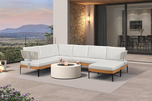 PURPLE LEAF Patio Furniture Set Outdoor Sectional Sofa with Fade-Resistant Cushions Wicker L-Shaped 7 Pieces Aluminum Conversation Sets with Ottoman for Balcony Yard Garden Poolside, White