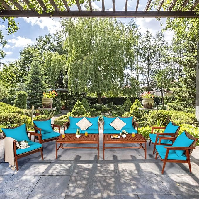 Tangkula 8 PCS Patio Wood Sofa Set, Outdoor Acacia Wood Seating Chat Set with Cushions & Coffee Table, Sectional Conversation Sofa Set for Garden, Backyard, Poolside (2, Turquoise)