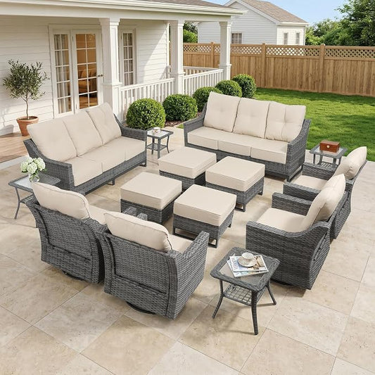 14 Piece Patio Furniture Set, 360°Swivel Glider Patio Chairs Set of 4, Outdoor 4 Ottomans,2 Sofas, 4 Side Tables Comfortable Seating with 6 Inch Thick Cushions, All-Weather Wicker Outdoor Patio Set
