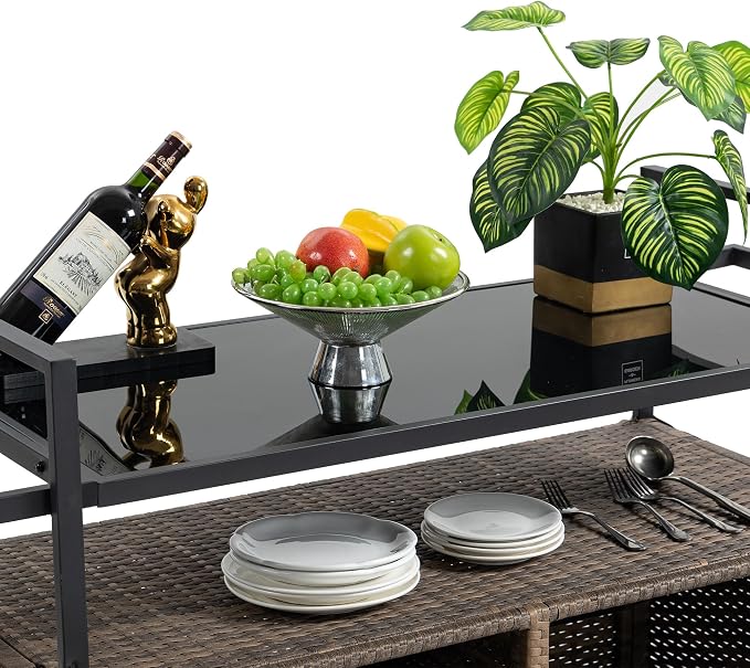 Outdoor Kitchen Island Wicker Rattan Bar Table, Glass Top Patio Serving Cart Rolling Bar Cart with 2-Tier Shelf & Cabinet for Patio Poolside Party (Light Brown)