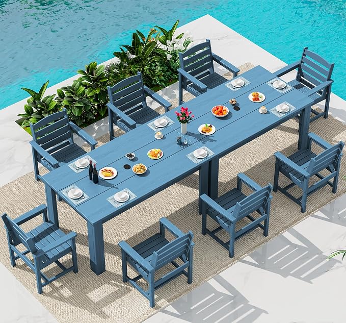 SERWALL Outdoor Dining Set for 8, w/ 2 Tables & 8 Armchairs, Blue | All Weather Resistant HDPE Dining Sets for Patio, Garden, Backyard