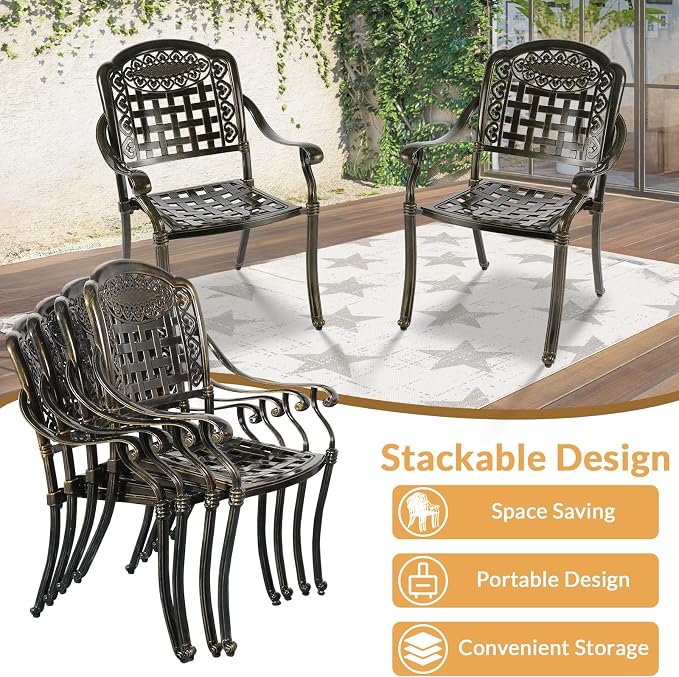 9 Piece Outdoor Patio Dining Set for 8, Cast Aluminium Large Square Dining Table & 8 Stackable Chairs, Umbrella Hole, Patio Furniture Set for Garden Porch Poolside, Dark Bronze