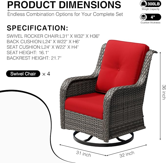 Joyside 4 Piece Outdoor Swivel Rocker Patio Chairs, Wicker Patio Furniture with High Back, Deep Seating, Wide Armrest, Thickened Cushions, Outdoor Rattan Furniture for Deck, Porch Use