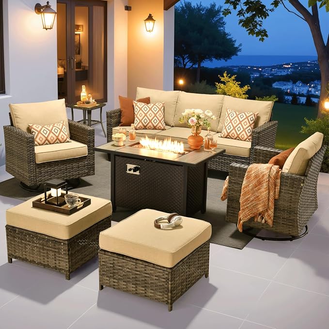 ovios 7 Pieces Patio Furniture Set with 42" Fire Pit Table, Outdoor Wicker Sofa with Swivel Chairs, All Weather High Back Rattan Couch Conversation Set, Beige