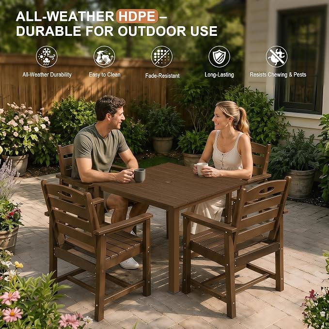 Domi HDPE Outdoor Dining Set, All-Weather Outdoor Dining Table Set of 3 with 2" Umbrella Hole, Outdoor Patio Dining Set for Garden, Poolside, Backyard, Deck, Brown
