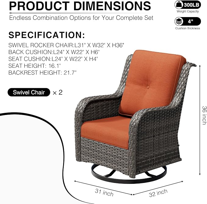 Joyside Swivel Patio Chairs Set of 2, Wicker Patio Furniture with High Back, Deep Seating, Wide Armrest, Thickened Cushions, Outdoor Rattan Furniture for Deck, Porch Use