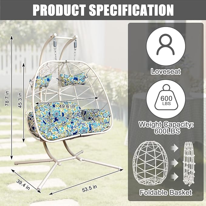 2 Person Double Hanging Egg Chair, Oversized Wicker Rattan Loveseat Swing Chair, Heavy Duty 600lbs Capacity, Foldable Basket Hammock Chair with Thick Cushion for Indoor Outdoor Patio Bedroom
