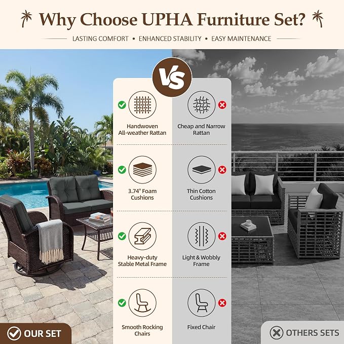 UPHA 5 Pieces Patio Furniture Sets, Wicker Outdoor Loveseat Sofa Set with Swivel Chairs, Patio Conversation Set for Deck Backyard Garden, Brown Rattan, Gray Cushion