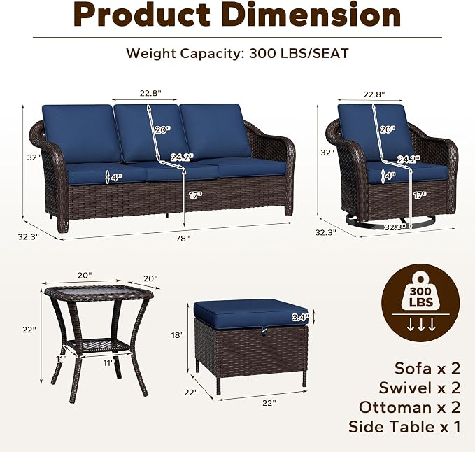 7 Piece Patio Wicker Conversation Set, 2 All-Weather Use Outdoor Wicker Sofa with 2 PE Rattan Ottomans,2 Swivel Chair, 1 Side Table, Ideal for Porch, Backyard, Balcony, Poolside, Blue