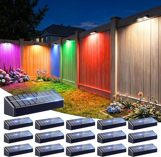 JOFIOS Solar Lights for Fence, 9 Fixed Colors ＆ Color Changing Solar Wall Lights Outdoor Waterproof IP65 Dusk-to-Dawn LED Deck Lighting for Patio, Railing, Pool, Porch, Backyard, Wall, 16 Pack