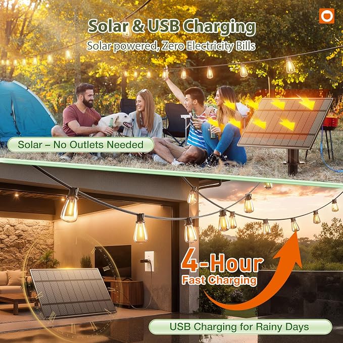 addlon 102(96+6) FT Solar String Lights Waterproof, 48+4 LED Shatterproof | Patio Light Solar Powered with Remote & USB Port 3 Modes, Outdoor Lighting for Camping Porch Backyard Garden