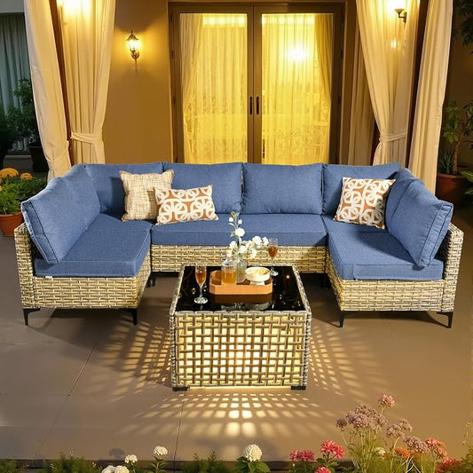 7 Pieces Patio Sectional Furniture Set, Outdoor Wicker Sectional Couch with Solar Lights Table, Modern Conversation Set for Porch Balcony Backyard, Denim Blue