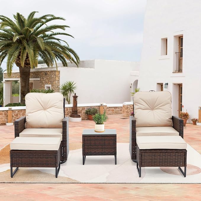AVAWING 5 Pieces Patio Furniture Set, Wicker Swivel Glider Chairs with 2 Ottomans and 1 Side Table, Patio Chairs with Waterproof Blue Cushions for Garden, Backyard and Porch,