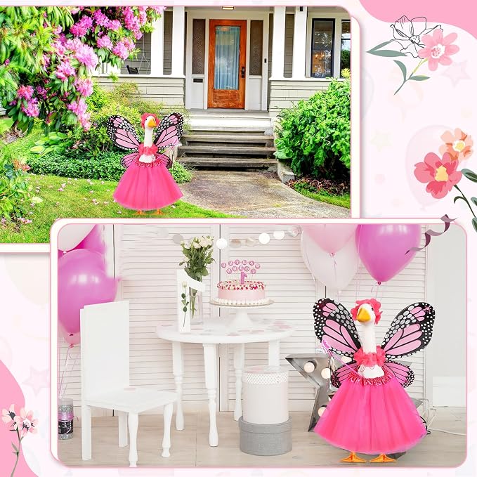 5pcs Butterfly Porch Goose Outfit Costume Tutu Skirt Butterfly Wing Wand Flower Crown for 17‘' 23‘' Cement Goose