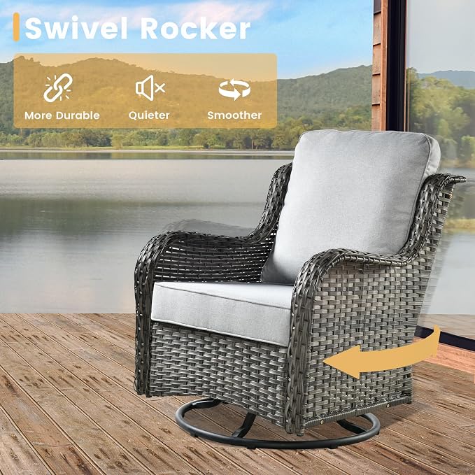 HOOOWOOO Outdoor Patio Furniture with Fire Pit Set 13 Pieces Patio Set with Fire Pit Wicker Outdoor Furniture with Fire Pit Table Set Patio Sectional Set with Swivel Chairs,Gray