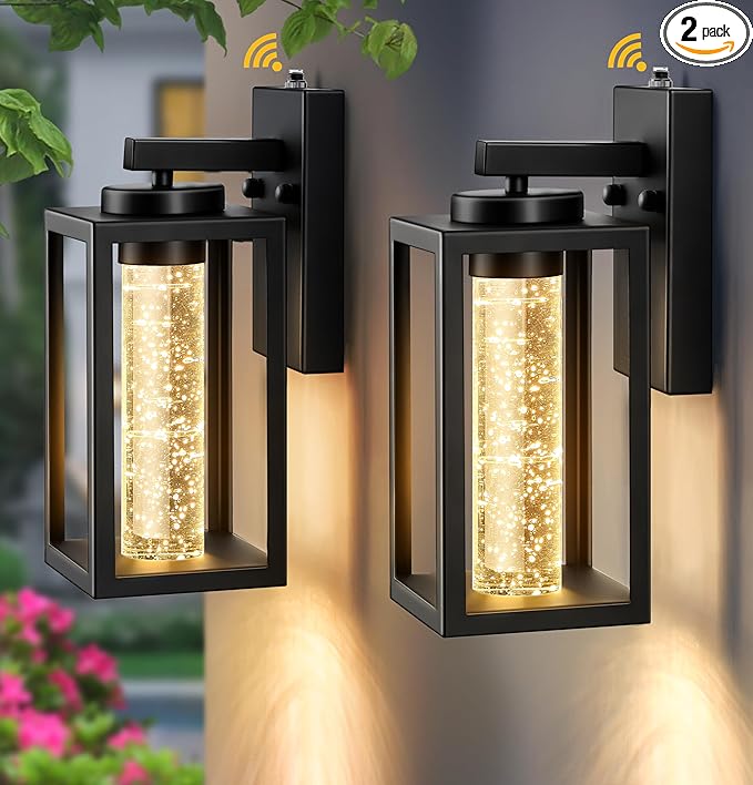 VIANIS 2 Pack Exterior Garage Lighting Fixtures Wall Mount, Modern Black Outdoor Porch Lights for House with Crystal Bubble Glass, 100% Aluminum Built-in 10W LED Outdoor Wall Sconce Lights Lantern