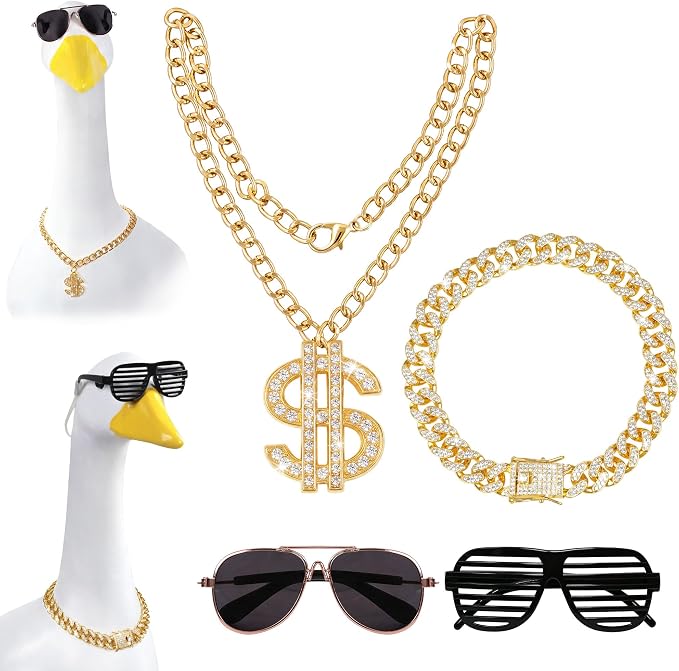 Porch Goose Statue 5pc Accessory Combination Set, Hip Hop Goose Accessories Kit with Chains Sunglasses Strap for 23 Inch Goose, Cool Street Style Yard Garden Decor (Hip-hop 5PC)