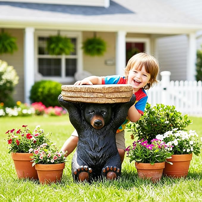 20.8" H Rustic Black Bear Side Table - Outdoor Side Table & Outdoor Decoration,Fibre Reinforced Concrete and Weatherproof, Bear Statue for Garden, Porch, Patio, Balcony or Living Room Decor