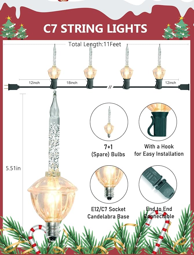 Silver Christmas Bubble Lights Set, 11Ft Christmas Decorations with 8 Silver Glitter Lights (1 Spare), Vintage Bubble Lights UL Listed for Christmas Tree Holiday Party Outdoor Lighting Decor